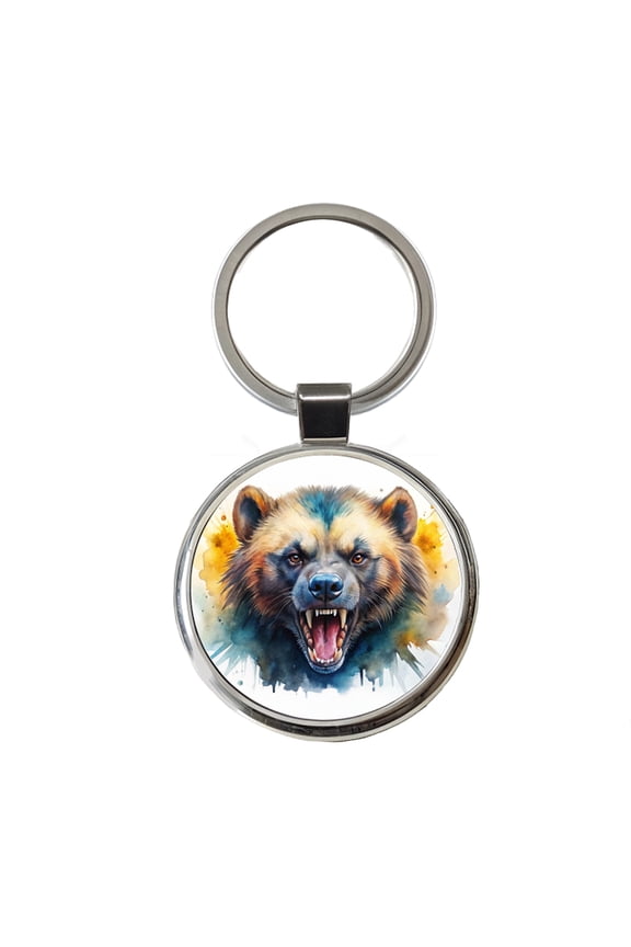 Angry Mad Wolverine Watercolor Metal Round Keychain
