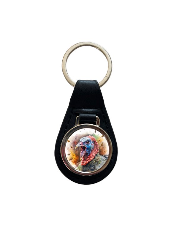 Angry Male Tom Gobbler Turkey Watercolor Metal Black Leather Keychain