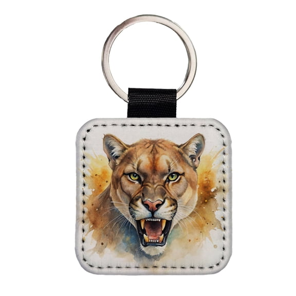 Angry Mountain Lion Cougar Watercolor Faux Leather Square Keychain