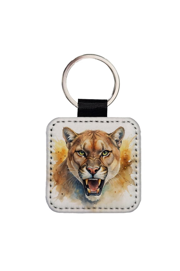 Angry Mountain Lion Cougar Watercolor Faux Leather Square Keychain