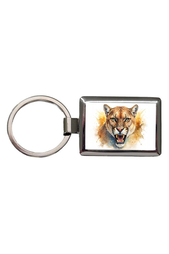 Angry Mountain Lion Cougar Watercolor Metal Rectangle Keychain