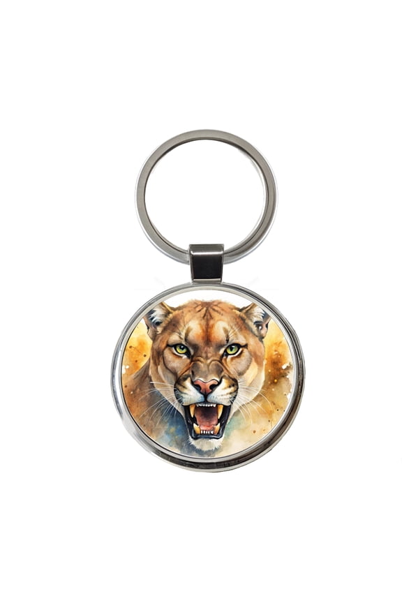 Angry Mountain Lion Cougar Watercolor Metal Round Keychain