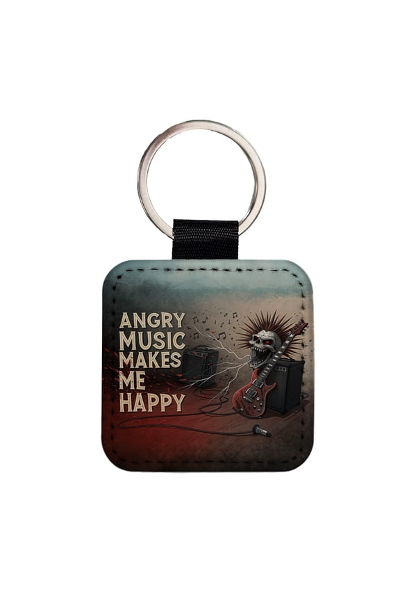 Angry Music Makes Me Happy Heavy Metal Rock and Roll Faux Leather Square Keychain