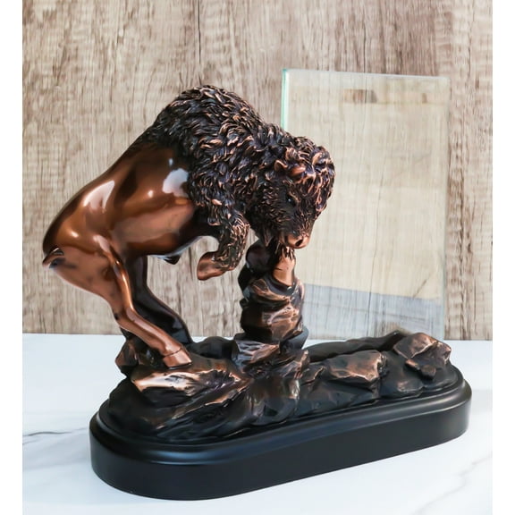 Angry Native American Bison Buffalo Bronzed Figurine With 6X4 Glass Photo Frame