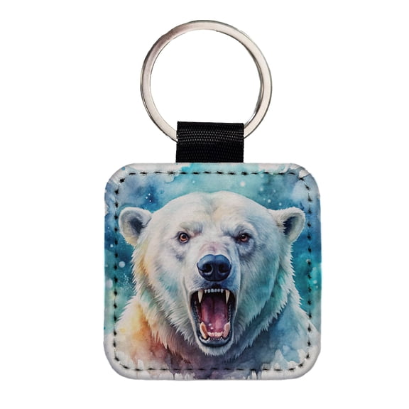 Angry Polar Bear Watercolor Faux Leather Square Keychain