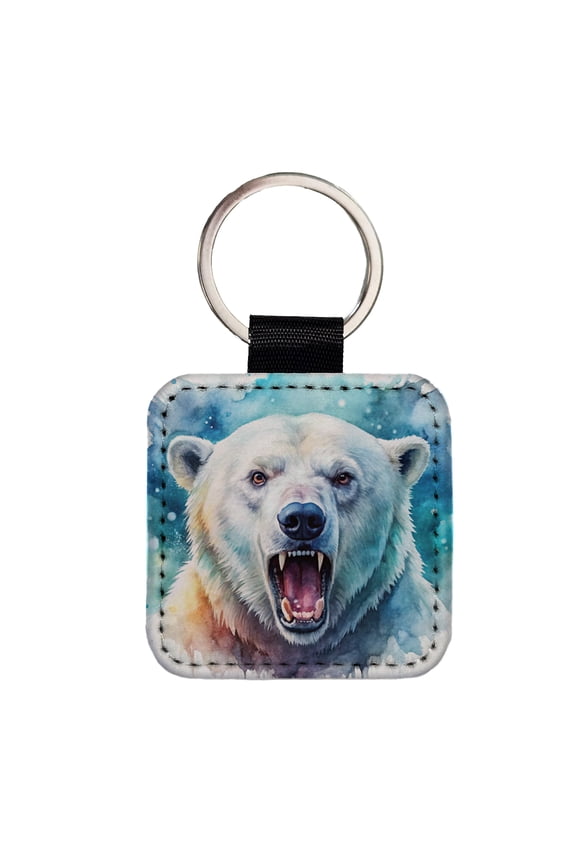 Angry Polar Bear Watercolor Faux Leather Square Keychain