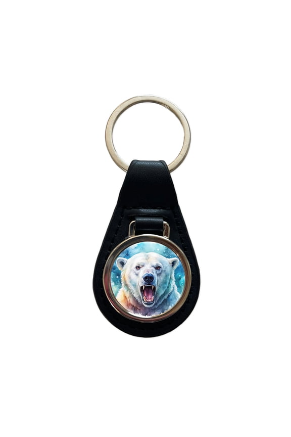 Angry Polar Bear Watercolor Metal Black Leather Keychain