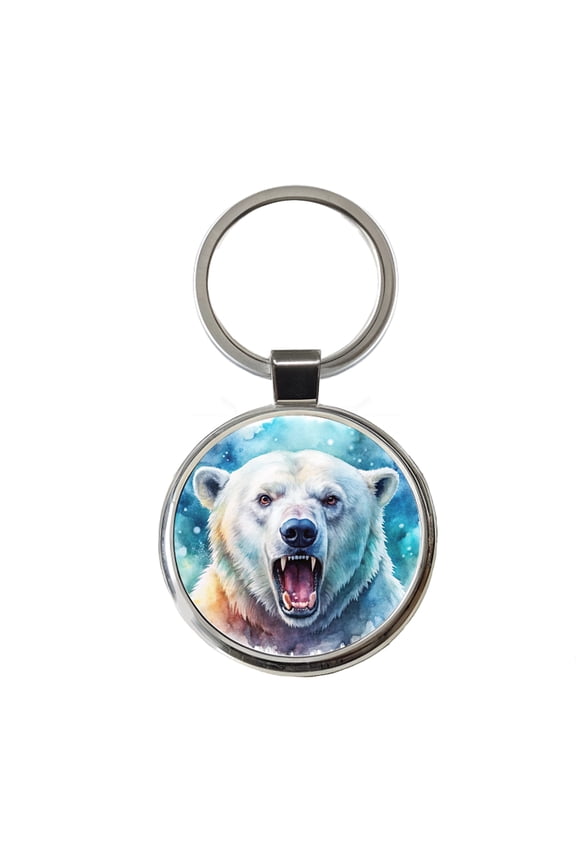 Angry Polar Bear Watercolor Metal Round Keychain