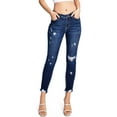 thumbnail image 1 of Angry Rabbit Women's Juniors Mid Rise Crop Skinnys Frayed Hem Jeans (25, Dark Denim), 1 of 6