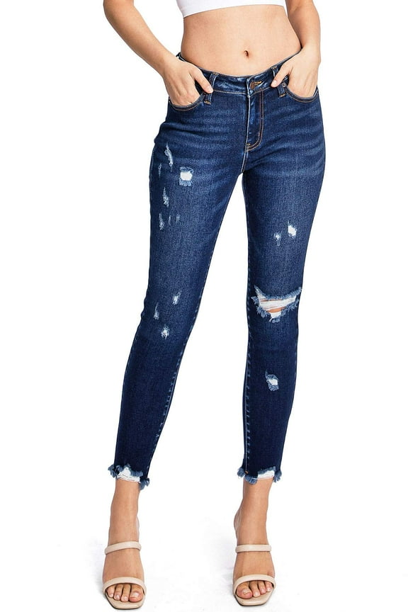 Women's Juniors Mid Rise Crop Skinnys Frayed Hem Jeans (29, Dark Denim)
