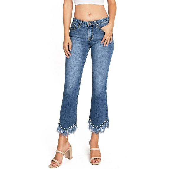 Angry Rabbit Women's Juniors Mid Rise Denim Frayed Pearl Jeans (25, Denim Pearls)