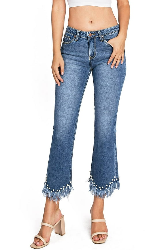 Women's Juniors Mid Rise Denim Frayed Pearl Jeans (26, Denim Pearls)