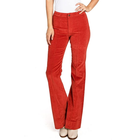 Angry Rabbit Women's Juniors Mid Waist Stretchy Premium Corduroy Flares (26, Vermillion)