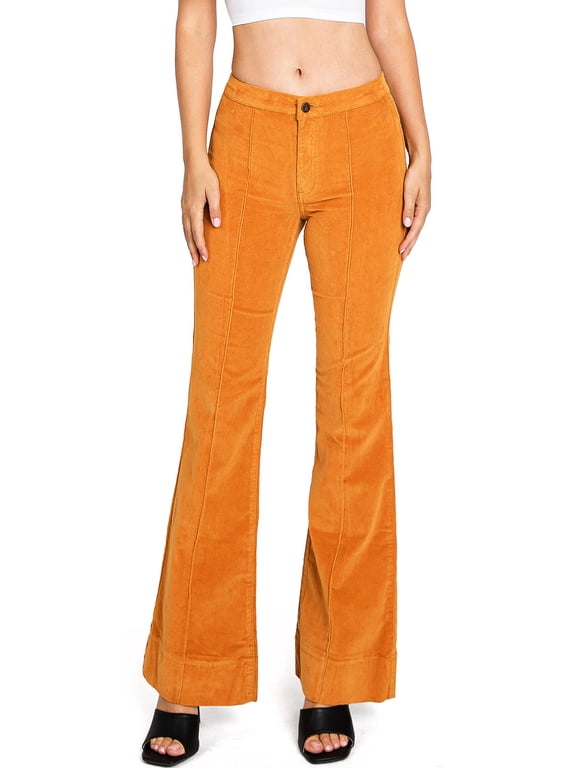 Women's Juniors Mid Waist Stretchy Premium Corduroy Flares (27, Goldenrod)