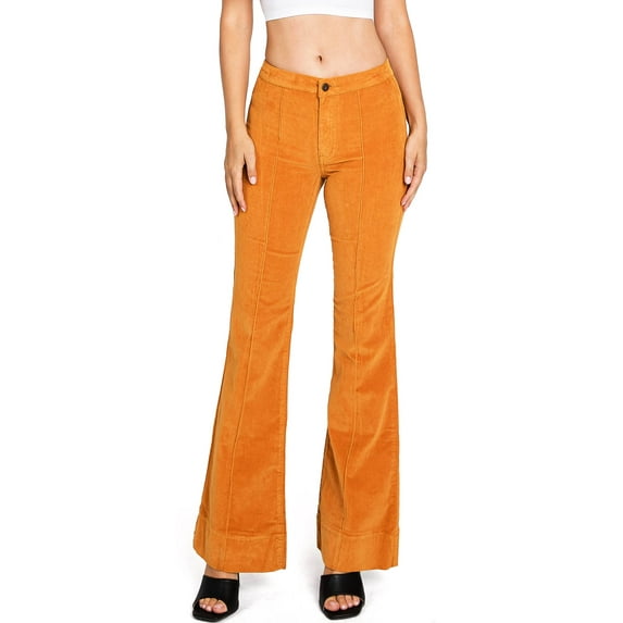 Angry Rabbit Women's Juniors Mid Waist Stretchy Premium Corduroy Flares (31, Goldenrod)