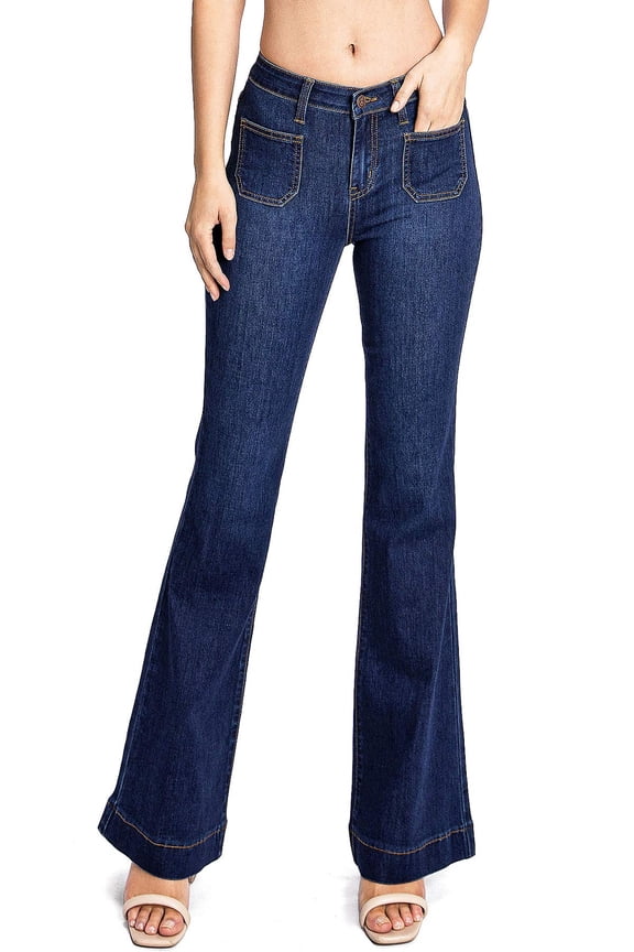 Women's Juniors  Stretchy Premium Flare Jeans (Dark Denim Wash, 25)