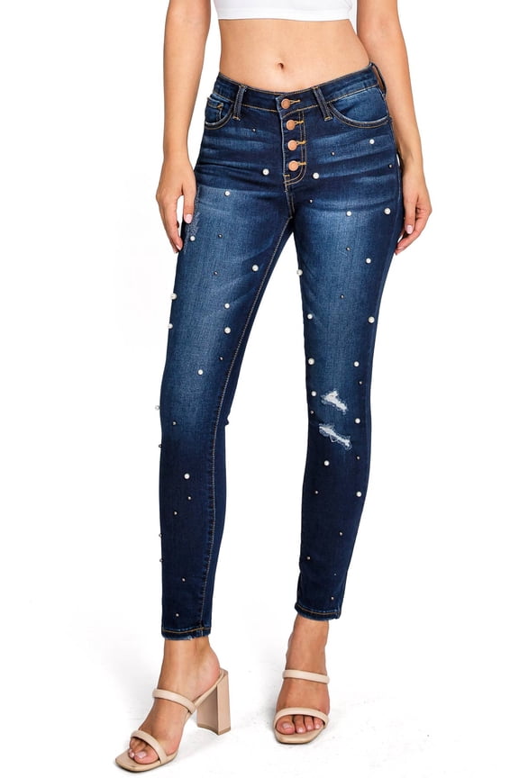 Women's Pearl Studded Ankle Skinny Jeans (Dark Denim, 26)