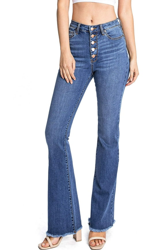 Women's Premium High Rise Bell Bottom Denim Flares (Button Medium Denim, 26)