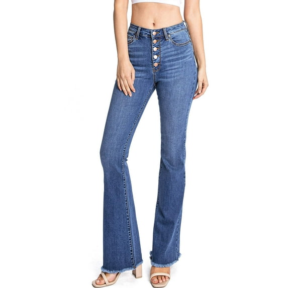 Angry Rabbit Women's Premium High Rise Bell Bottom Denim Flares (Button Medium Denim, 29)