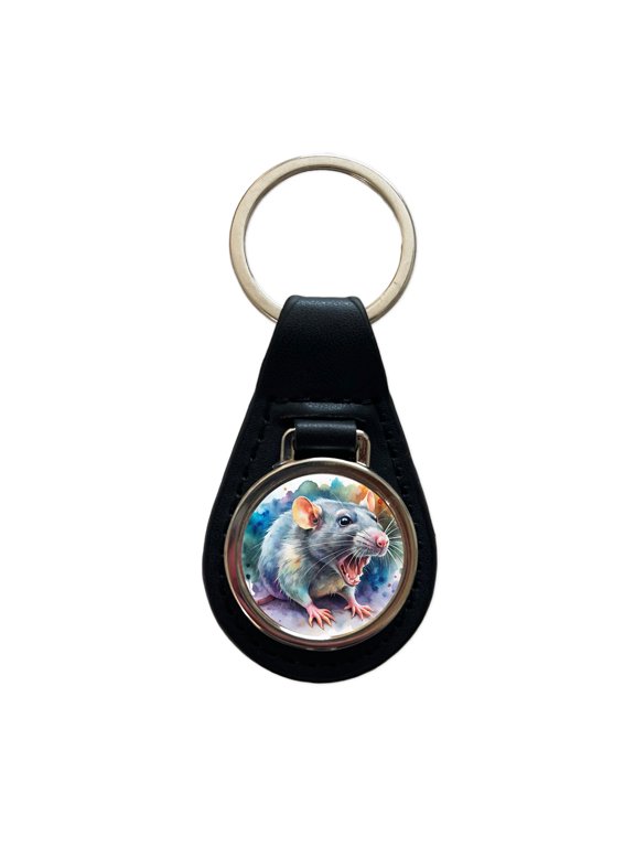 Angry Rat Watercolor Metal Black Leather Keychain