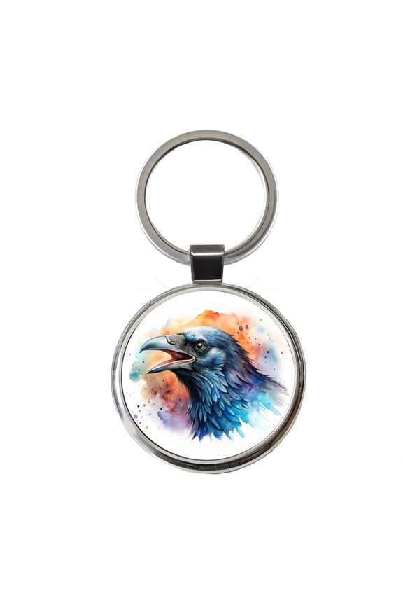 Angry Raven Watercolor Metal Round Keychain