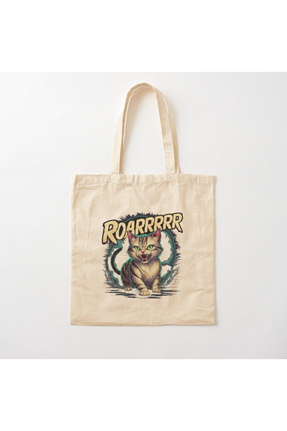 Angry Roaring Cat, Retro Pixel Style Canvas Tote Bags, Reusable Shopping Bag