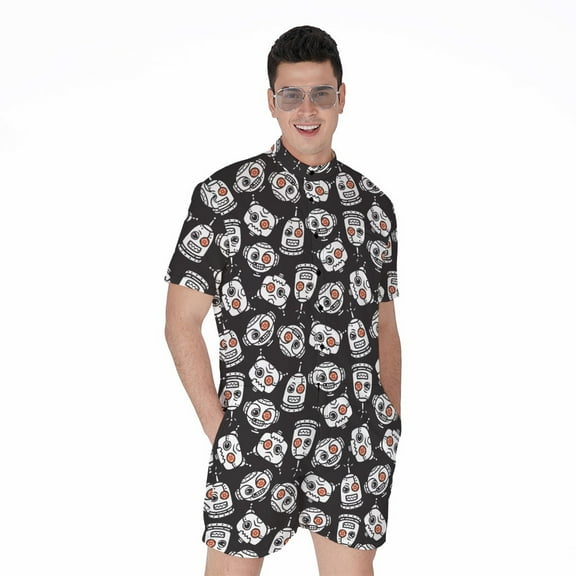 Angry Robot Pattern Short Sleeve Men'S Rompers, Robot Casual Summer Jumpsuits Outfit