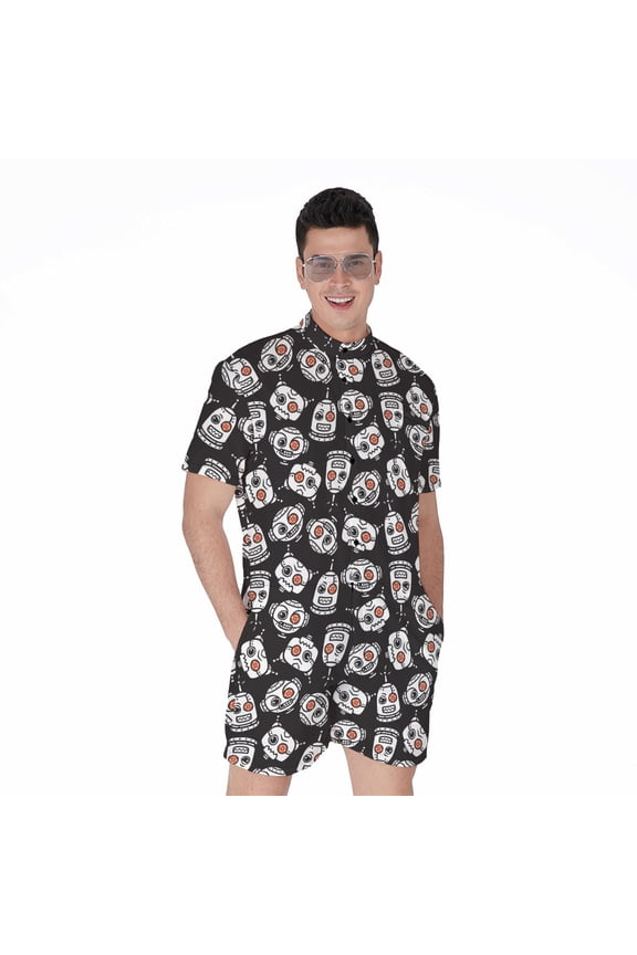 Pattern Short Sleeve Men'S Rompers, Robot Casual Summer Jumpsuits Outfit
