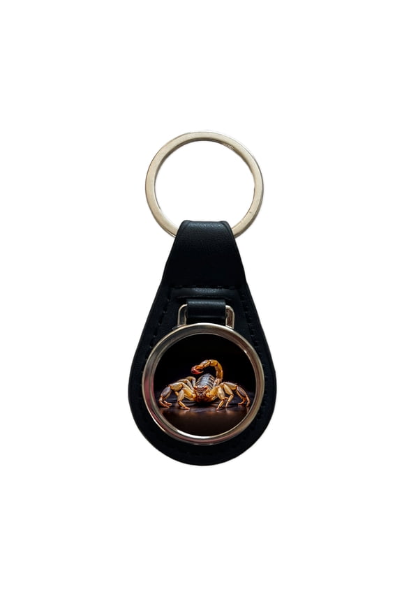 Angry Scorpion Black Background Metal Black Leather Keychain