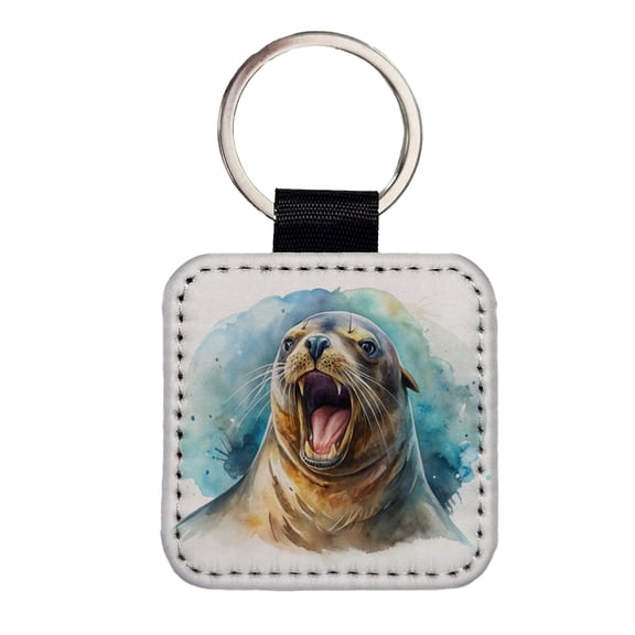 Angry Sea Lion Watercolor Faux Leather Square Keychain