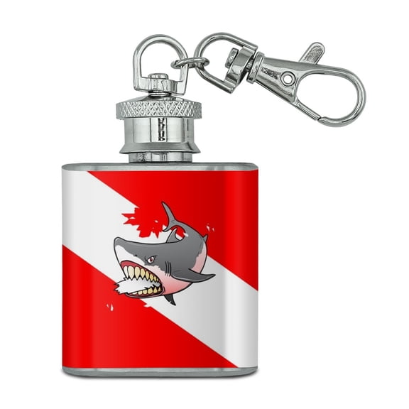 Angry Shark Scuba Diving Flag Diver Stainless Steel 1oz Mini Flask Key Chain