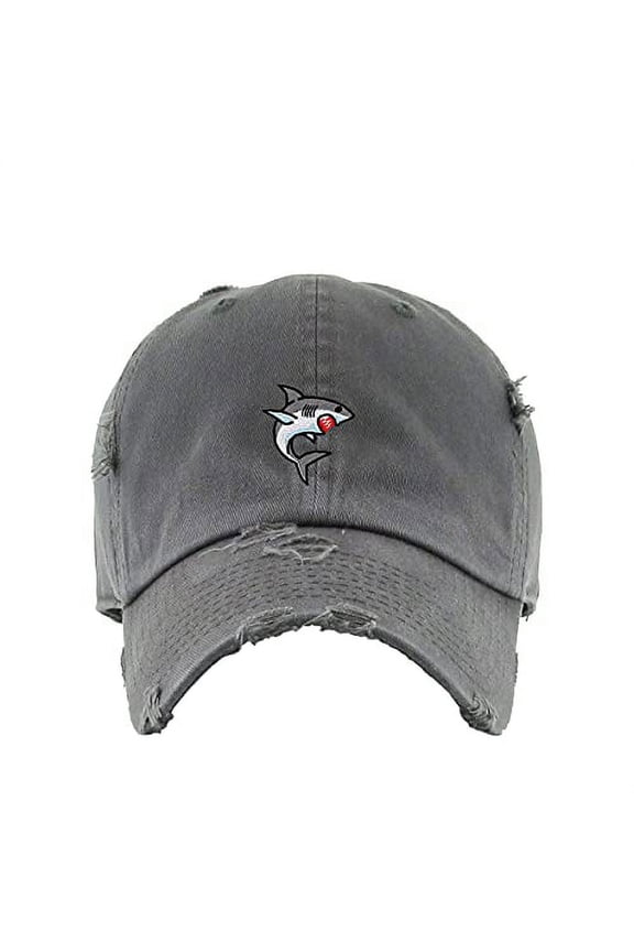 Angry Shark Vintage Baseball Cap Embroidered Cotton Adjustable Distressed Dad Hat Dark Grey