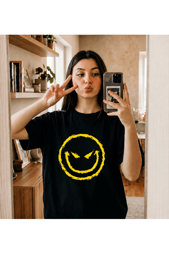 Angry Smiley Face Grunge Distressed Yellow Evil Grin T-Shirt V25598,for unisex size S- 4XL