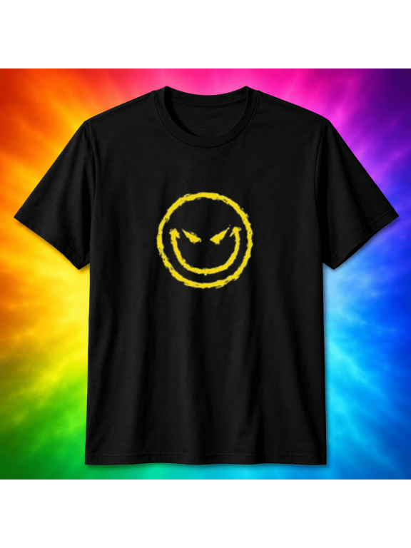 Angry Smiley Face Grunge T-Shirt - Distressed Yellow Evil Grin T-Shirt, for men & women, S-5XL