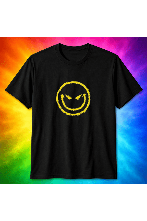 Angry Smiley Face Grunge T-Shirt - Distressed Yellow Evil Grin T-Shirt, for men & women, S-5XL