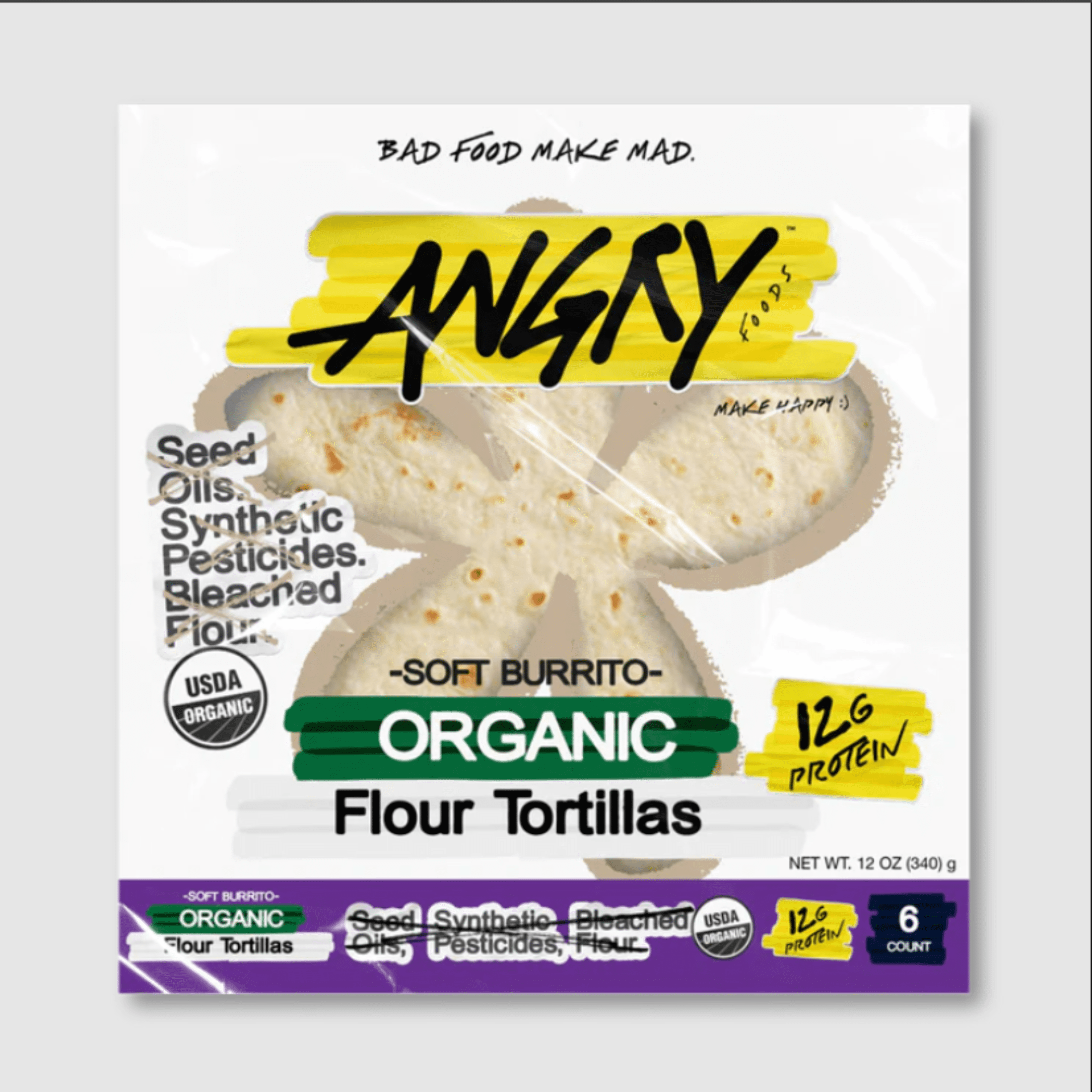 Angry Soft Burrito Size Organic Flour Tortillas 6 count 12oz