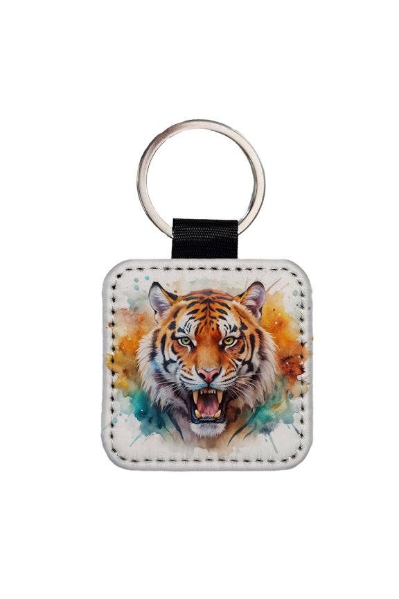 Angry Tiger Watercolor Faux Leather Square Keychain