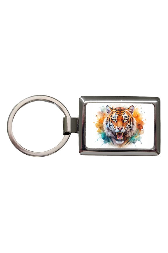 Angry Tiger Watercolor Metal Rectangle Keychain