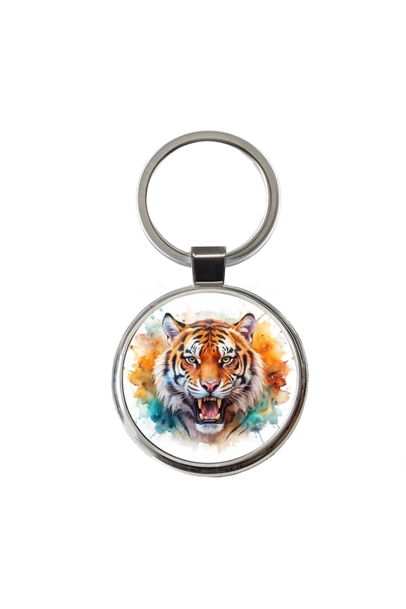 Angry Tiger Watercolor Metal Round Keychain