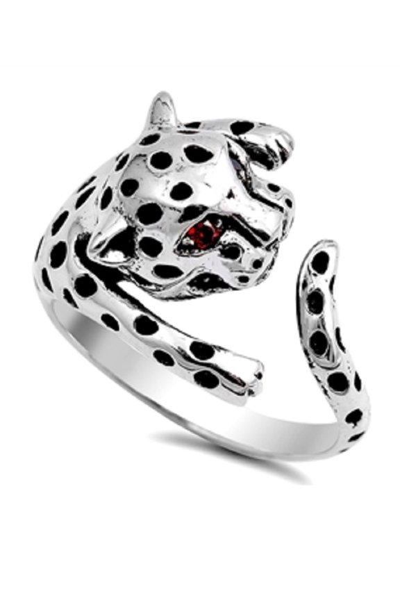 Angry Tiger With Simulated Garnet Eyes Cubic Zirconia Ring Sterling Silver 925
