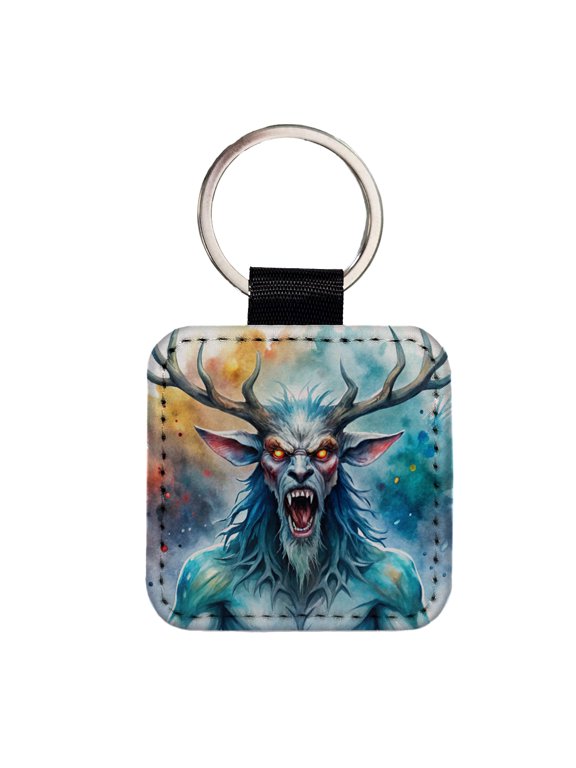 Angry Wendigo Algonquian Folklore Monster Watercolor Faux Leather Square Keychain