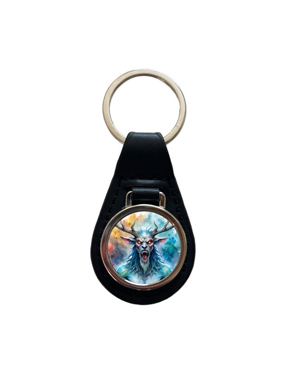 Angry Wendigo Algonquian Folklore Monster Watercolor Metal Black Leather Keychain