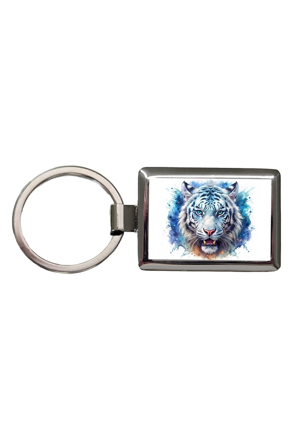 Angry White Tiger Watercolor Metal Rectangle Keychain