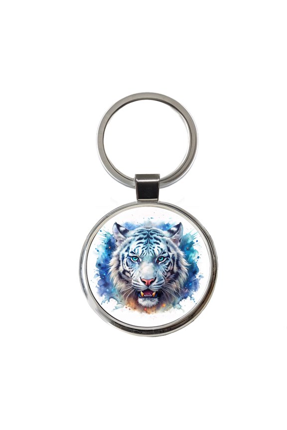 Angry White Tiger Watercolor Metal Round Keychain