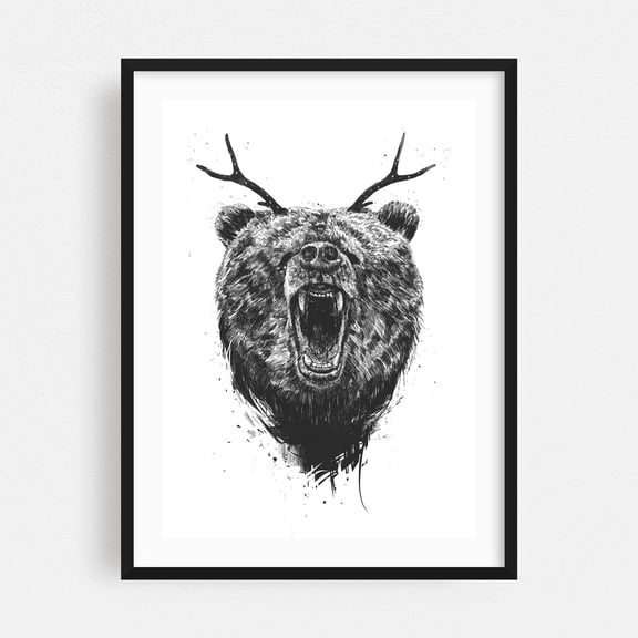 Angry bear with antlers - Illustration Wildlife Black and White Animal Surrealism Nature Fantasy Black Framed Wall Art Print 16 x 24 inches