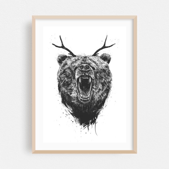 Angry bear with antlers - Illustration Wildlife Black and White Animal Surrealism Nature Fantasy Oak Framed Wall Art Print 18 x 24 inches