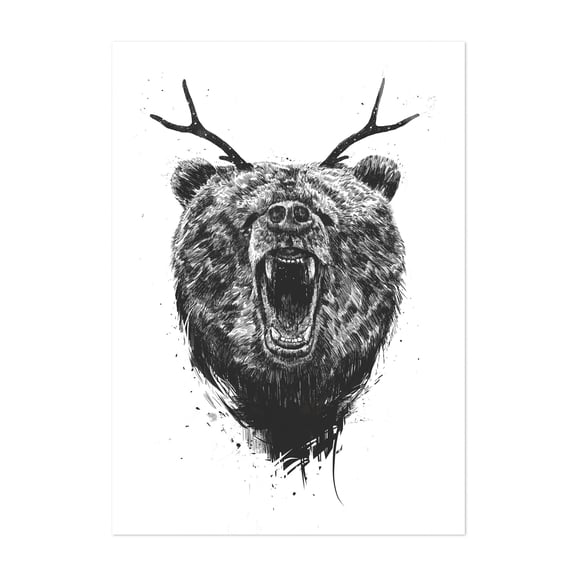 Angry bear with antlers - Illustration Wildlife Black and White Animal Surrealism Nature Fantasy Unframed Wall Art Print 12 x 18 inches