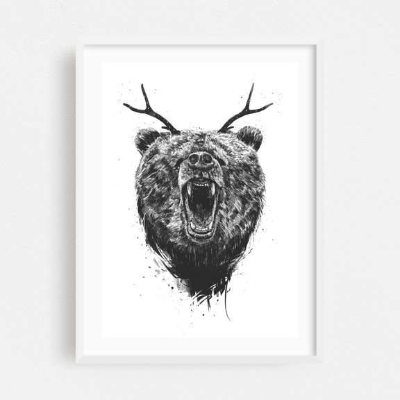 Angry bear with antlers - Illustration Wildlife Black and White Animal Surrealism Nature Fantasy White Framed Wall Art Print 12 x 16 inches