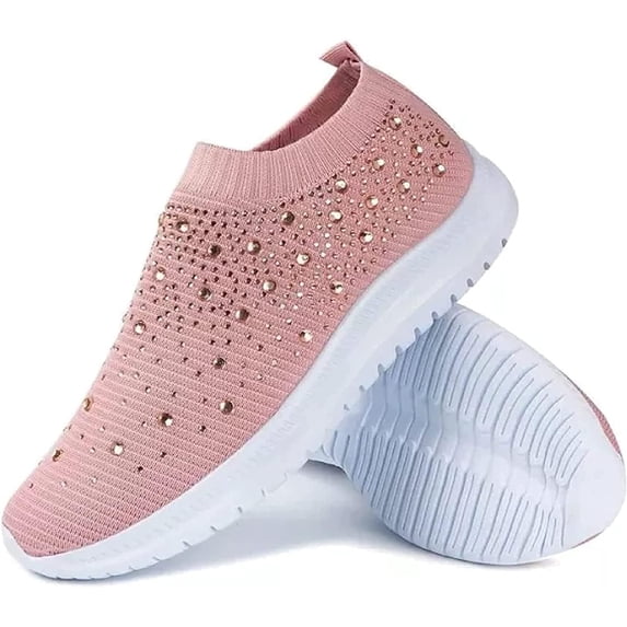 AngryMonkey Women's Rhinestones Mesh Sport Slip-on Shoes,anti slip Good Arch Breathable Lightweight Casual Sock Sneaker Nurse Shoes