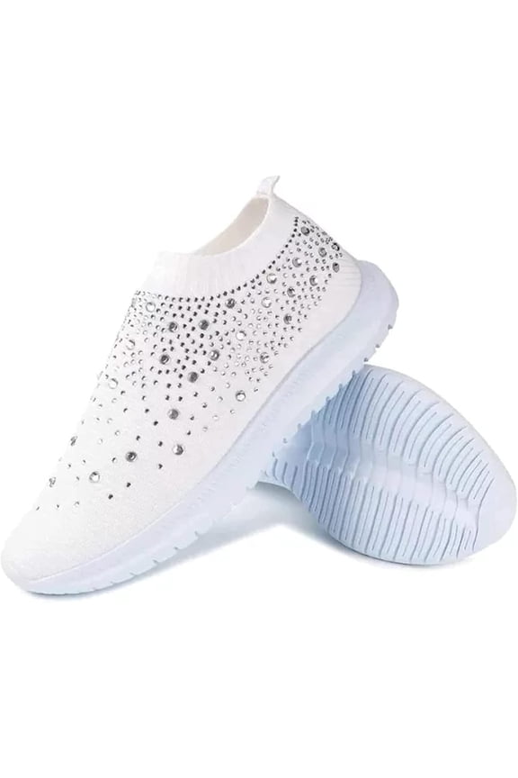 AngryMonkey Women's Rhinestones Mesh Sport Slip-on Shoes,anti slip Good Arch Breathable Lightweight Casual Sock Sneaker Nurse Shoes